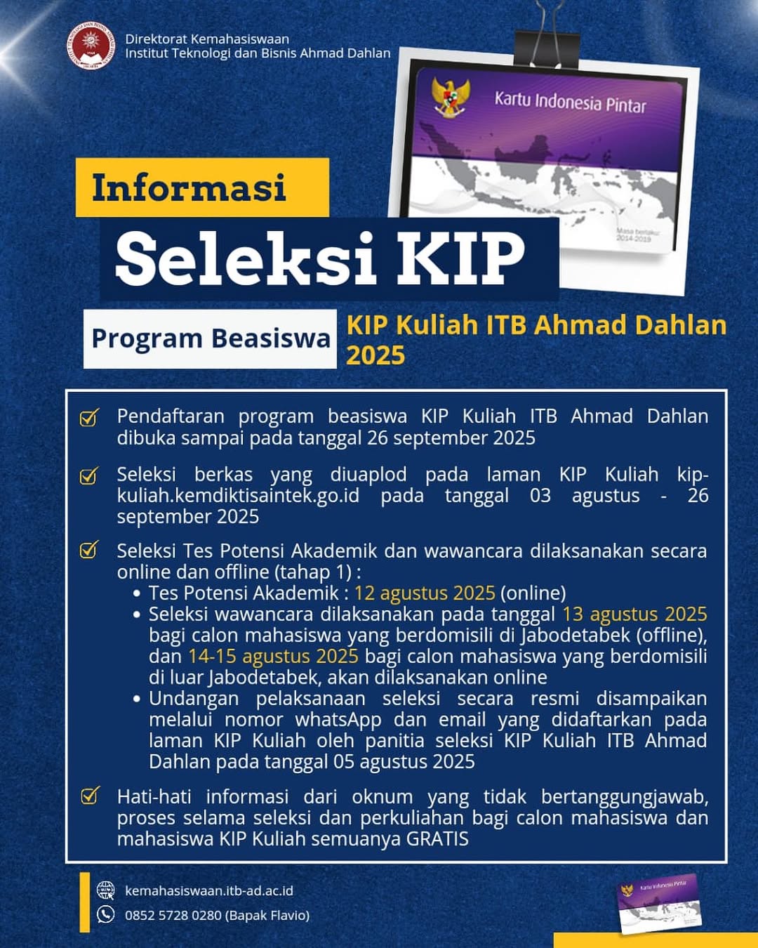 Informasi Seleksi Beasiswa KIP Kuliah ITB Ahmad Dahlan Jakarta
